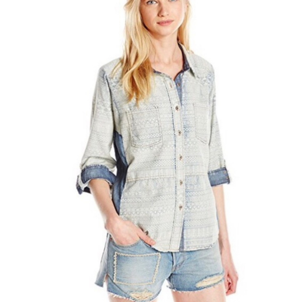 💎 Miss Me Women's Top Chambray Aztec Long Sleeve Button Down Shirt #0162